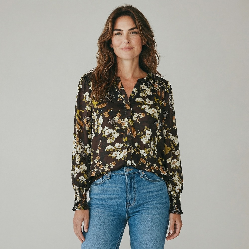 Ryegrass Womens Large Brown Floral Bird Print Split Neck Smocked Cuff Blouse NWT